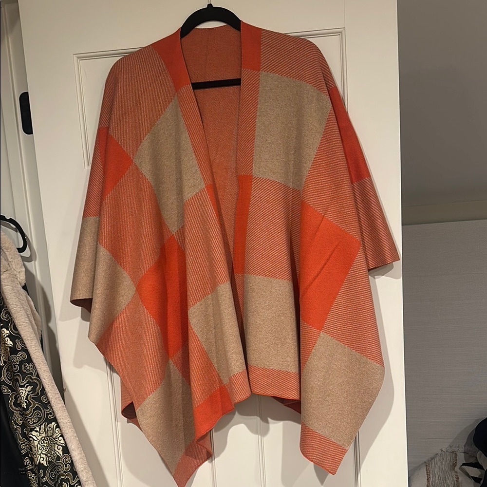 Talbots Orange and Beige Checkered Poncho